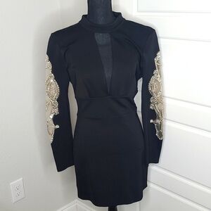 LBD Bebe Black mini embellished sleeves dress, Medium